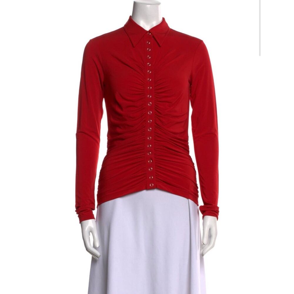 ALC Larsen Viscose Jersey Ruched Polo Cardigan Red M - Picture 2 of 4